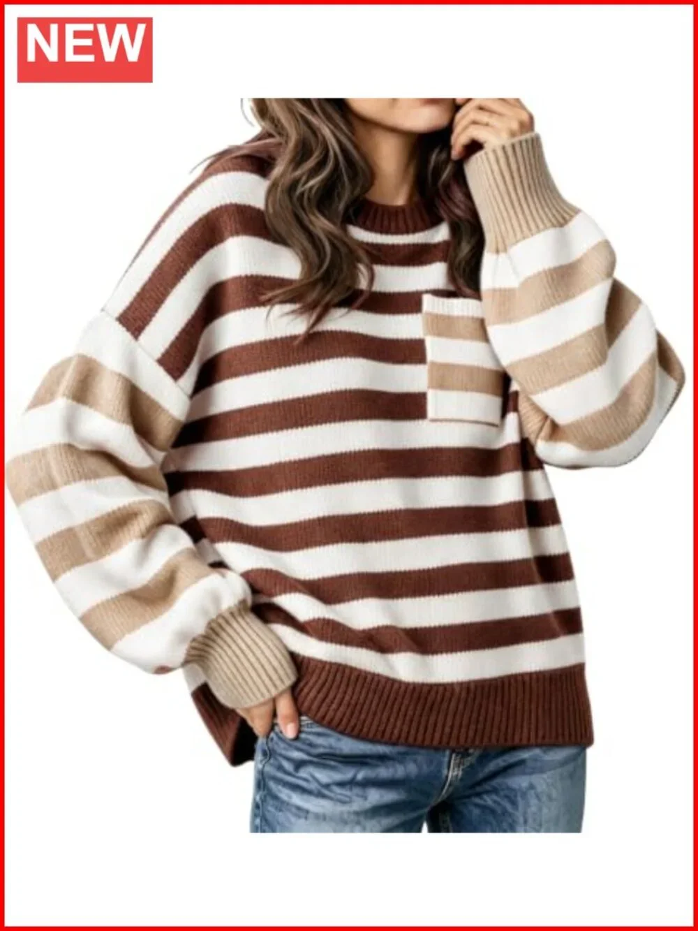 Oversized Striped Color Block Knit Sweater Pullover Crew Neck Long Sleeve